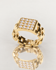 Bague Iéna en plaqué or 18 carats, design chaîne avec plaque rectangulaire pavée de zirconias blancs – Jossepo