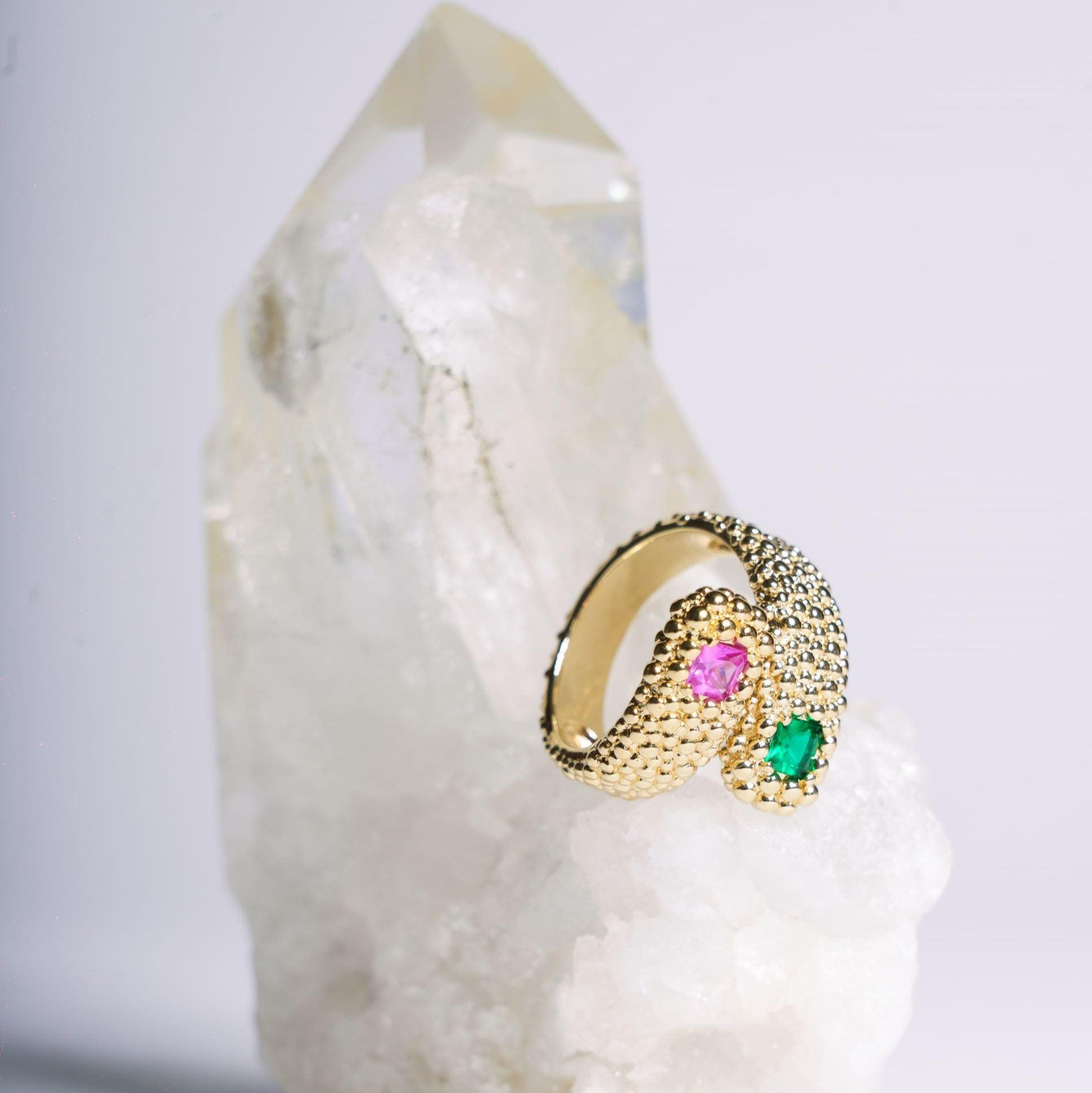 Bague Lotu féminine en plaqué or 18 carats, double pierre décorative – Jossepo