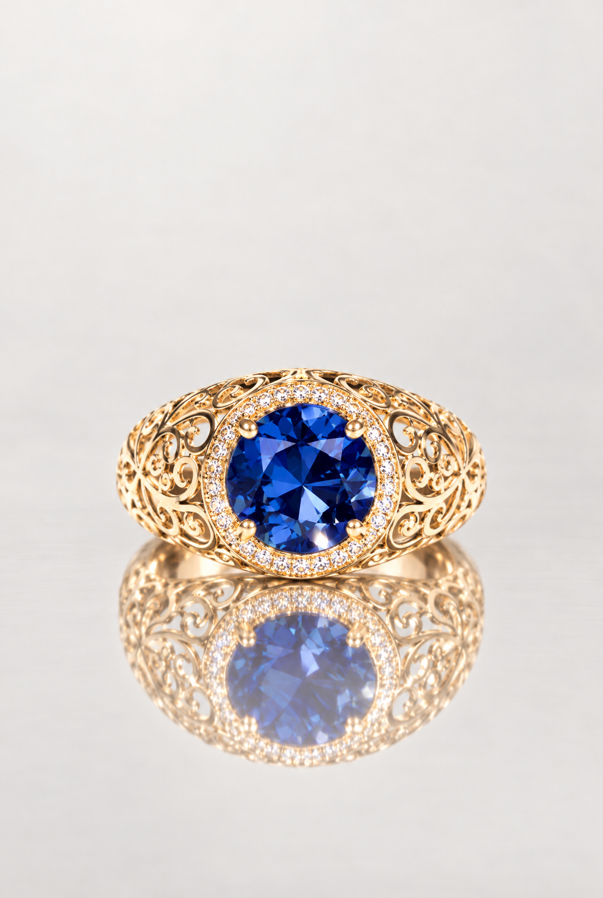Bague Safiro avec zircon bleu saphir et motifs ajourés dorés, vue de face