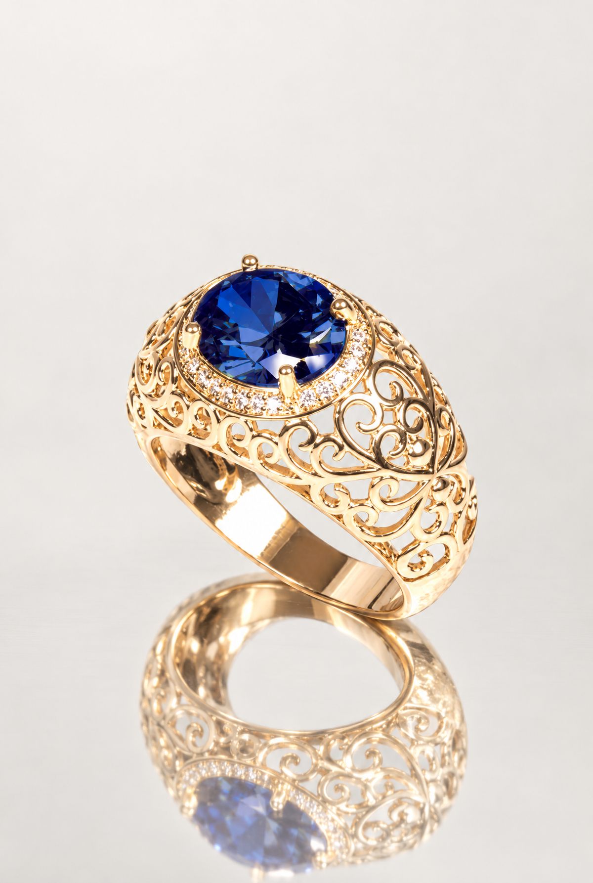 Bague Safiro en plaqué or 18 carats, zircon bleu et anneau ajouré, vue de trois quarts