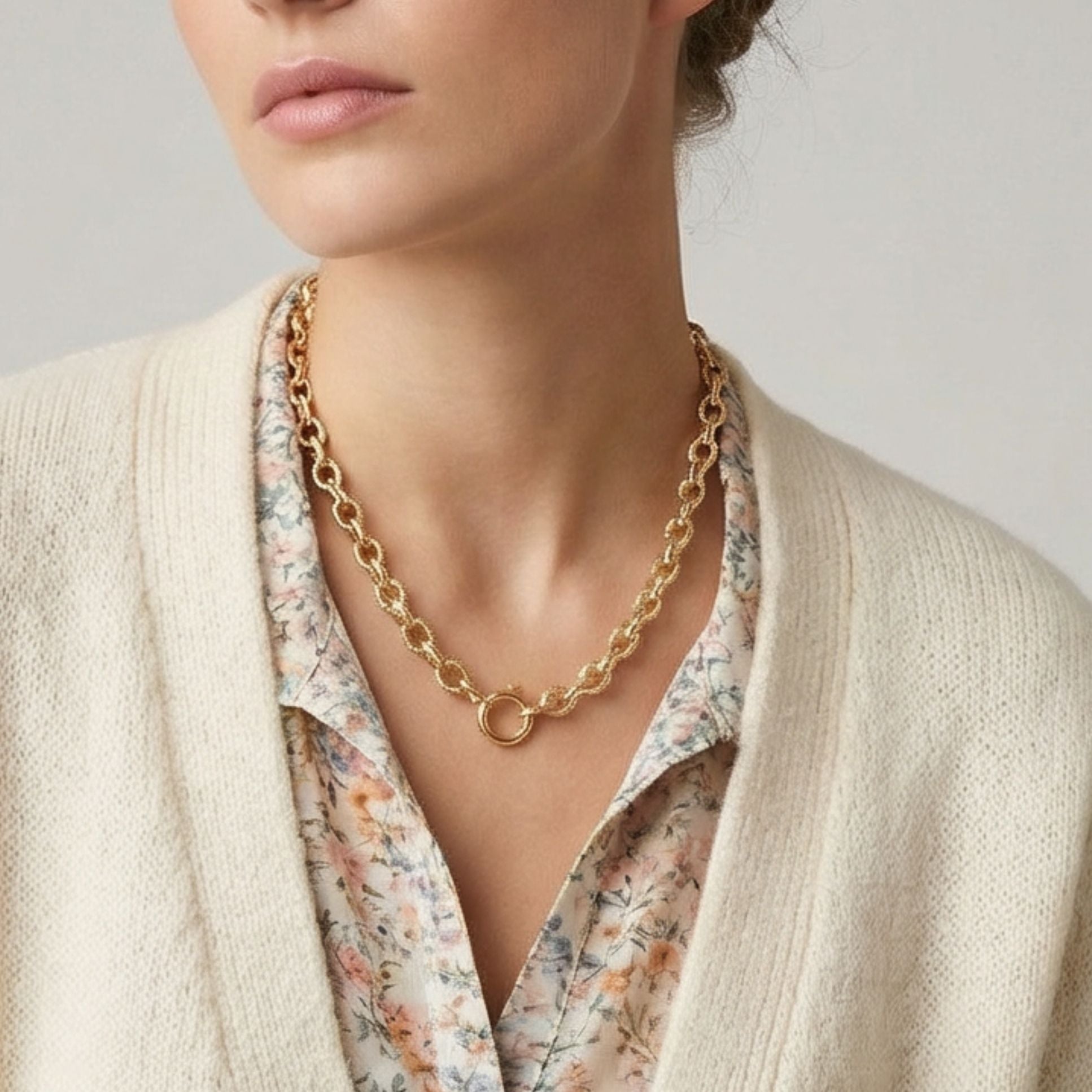 Collier Bianca en plaqué or porté par une femme, chaîne à maillons élégante et lumineuse – Jossepo
