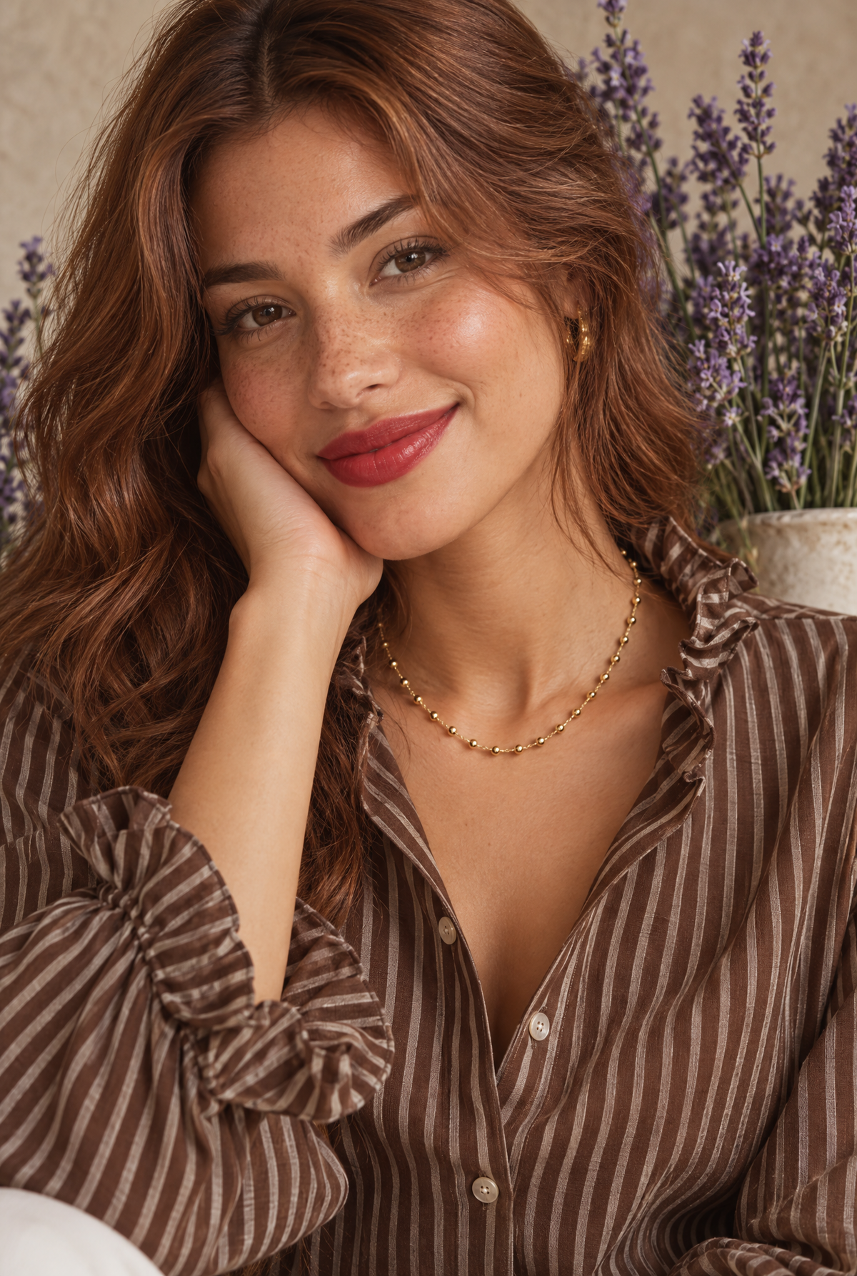 Collier Miromesnil à petites boules dorées porté avec une chemise brune à rayures et volants, portrait de la modèle
