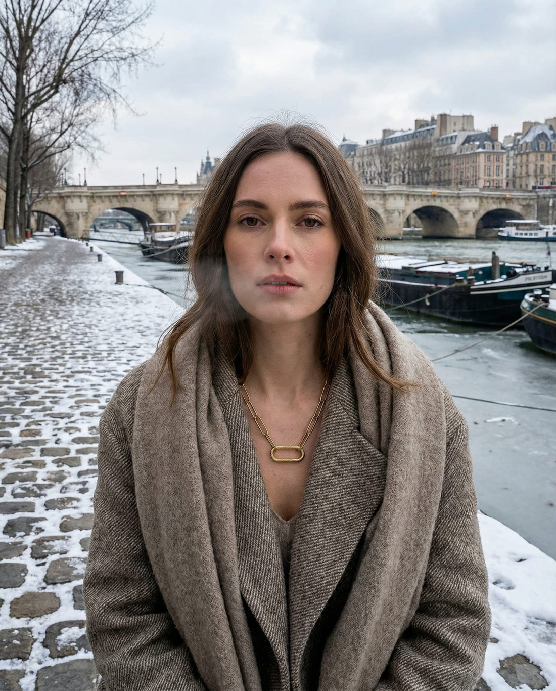 Collier Paula en plaqué or porté à Paris sur les quais de Seine – Jossepo