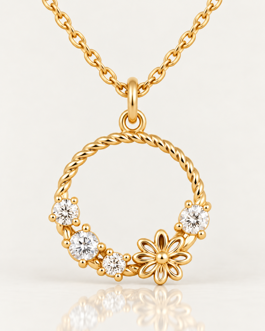 Gros plan du pendentif Solférino en plaqué or, cercle torsadé avec fleur aux pétales ajourés et quatre détails blancs, sur fond clair avec reflet miroir