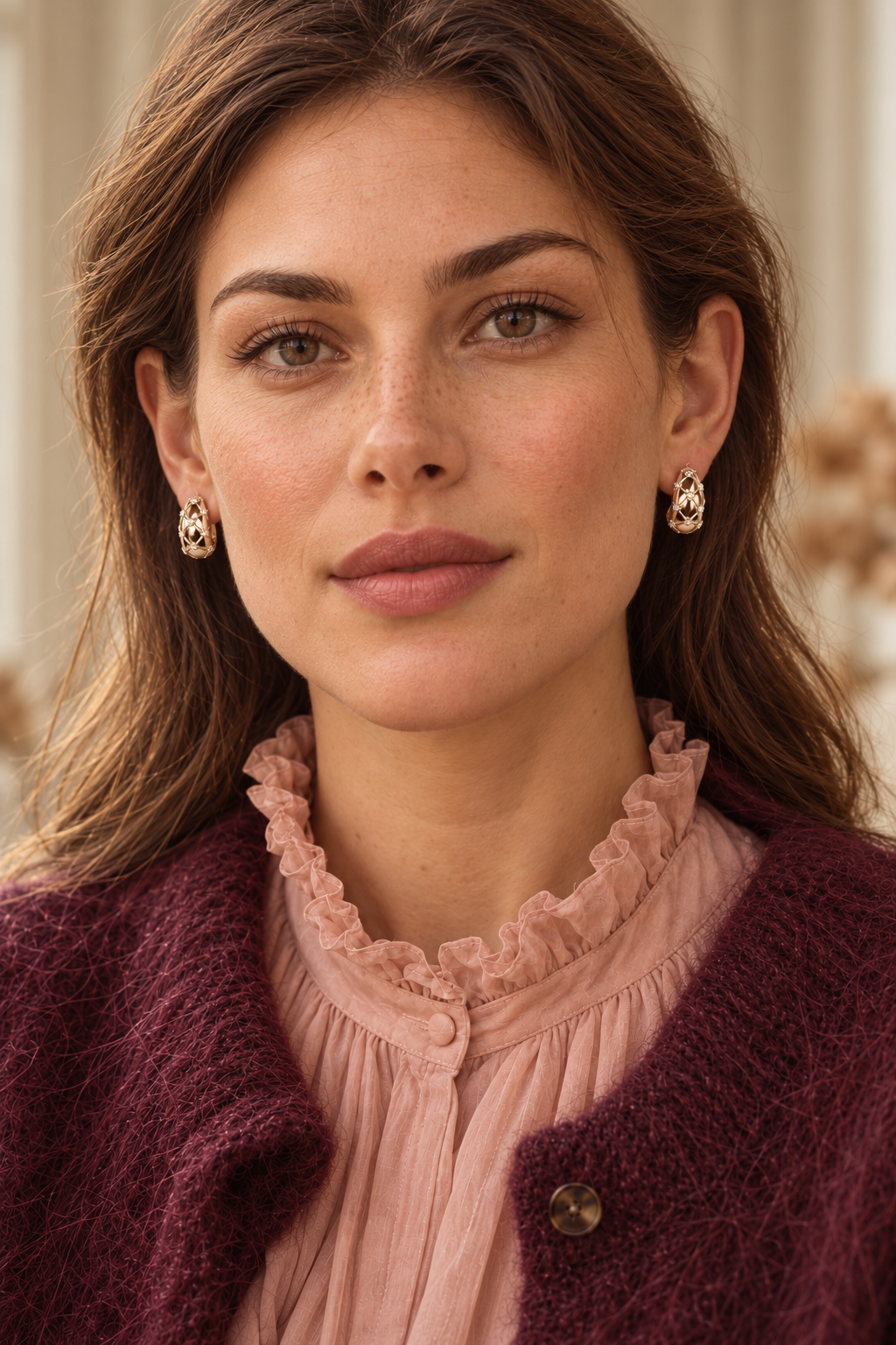 Boucles d’oreilles Marceau portées de face, avec une blouse rose à volants et un cardigan prune.